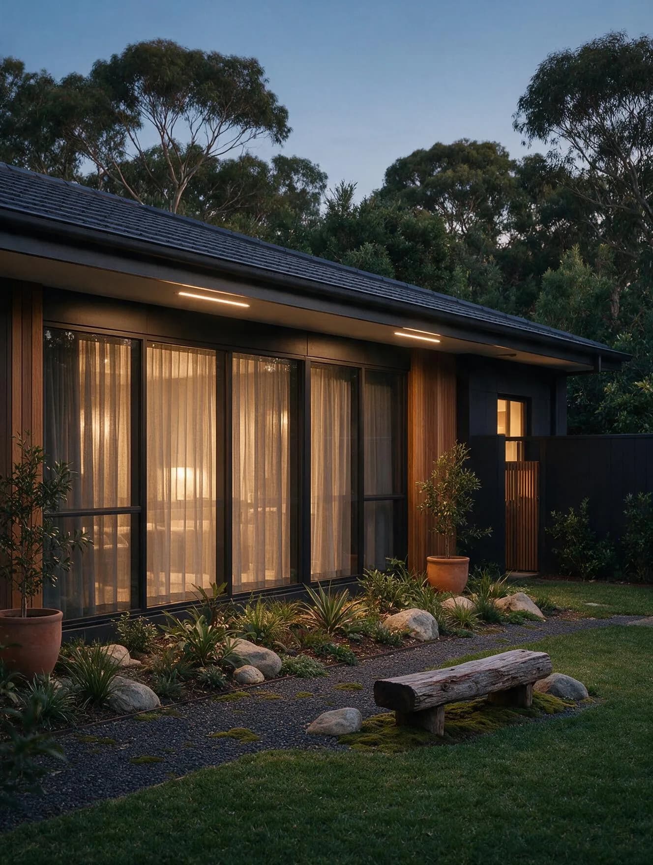 Melbourne home at dusk with tinted windows and sheer curtains glowing